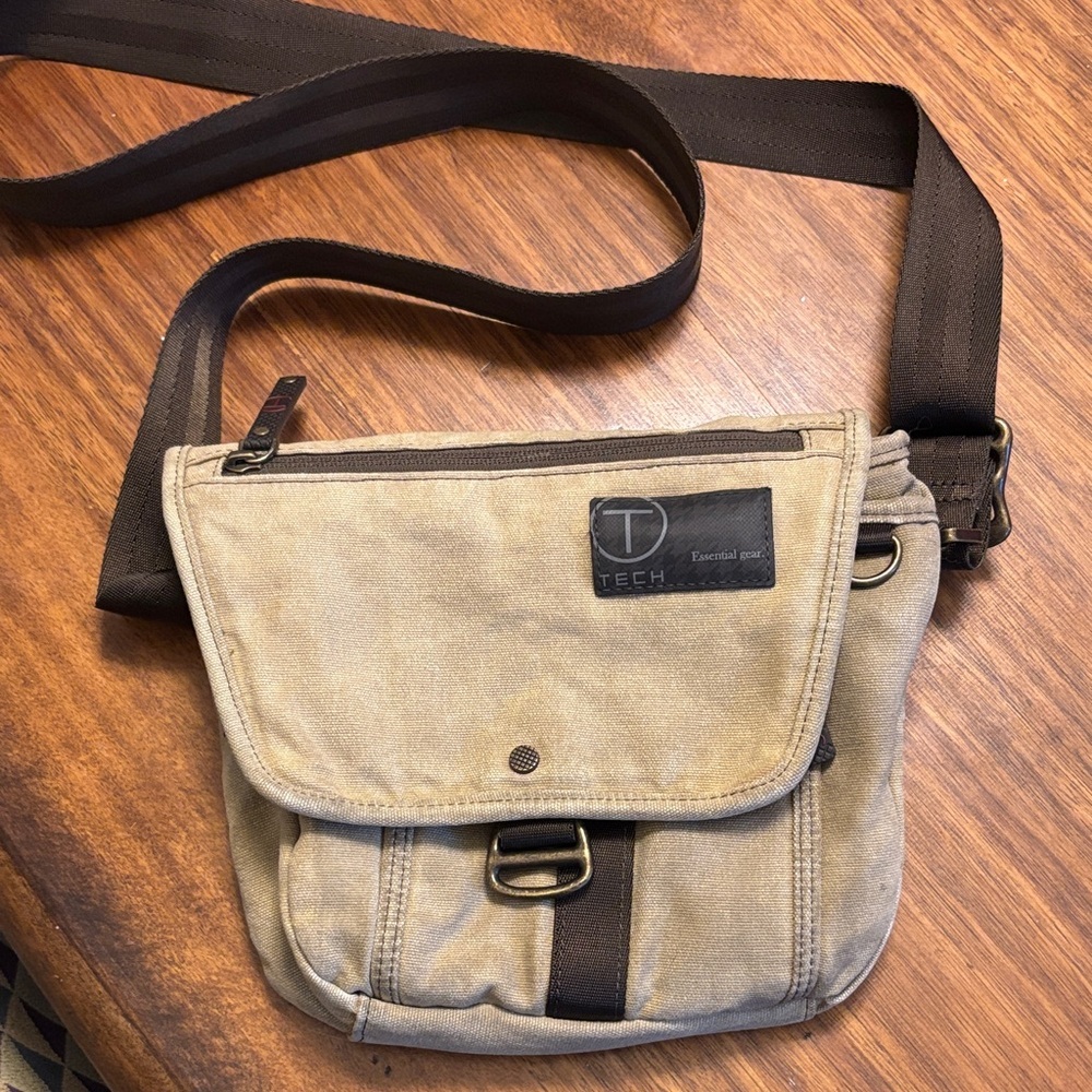 Tumi Tech Beige Canvas Messenger Bag with Dark Brown Strap